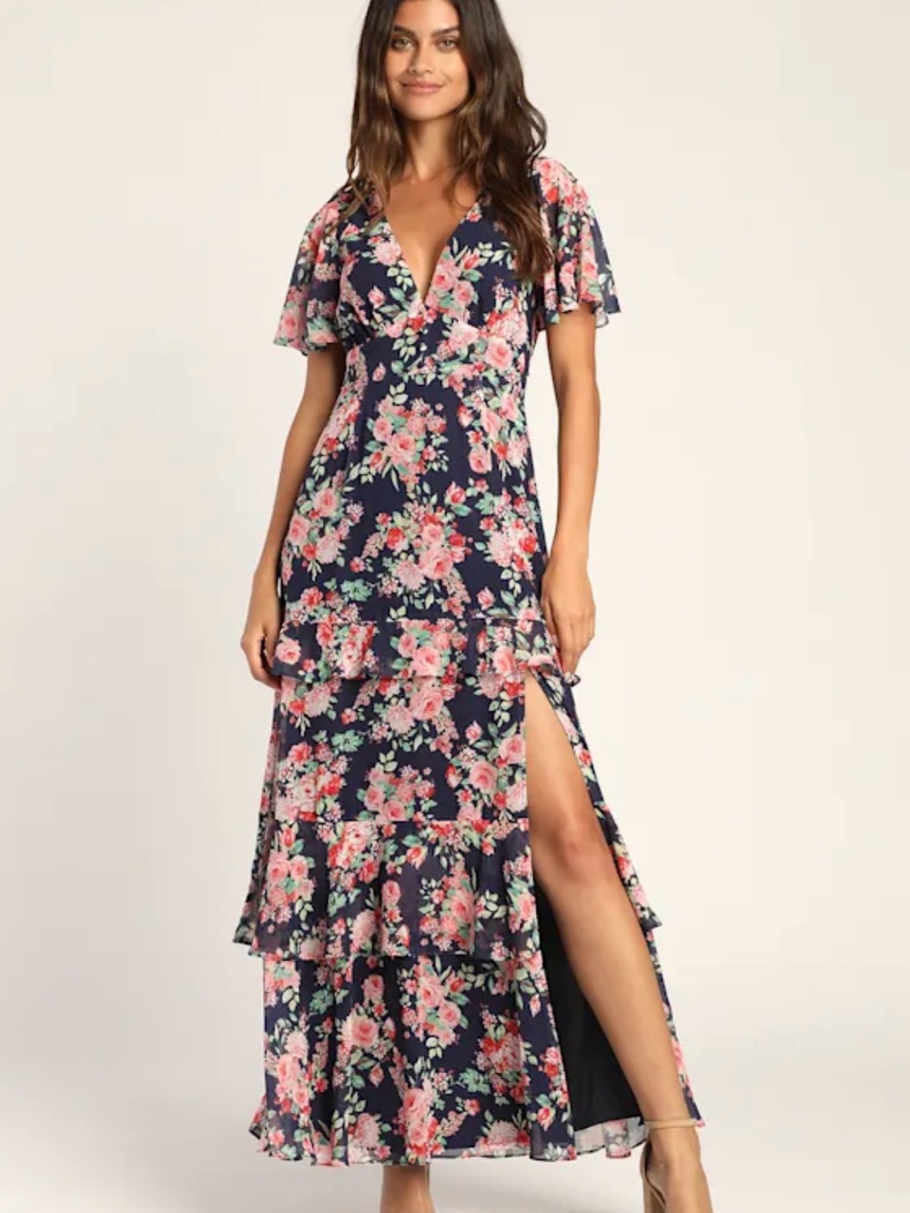 NWT Lulus Modern Elegance Navy Blue Floral Short Sleeve Tiered Maxi Dress Sz XS
